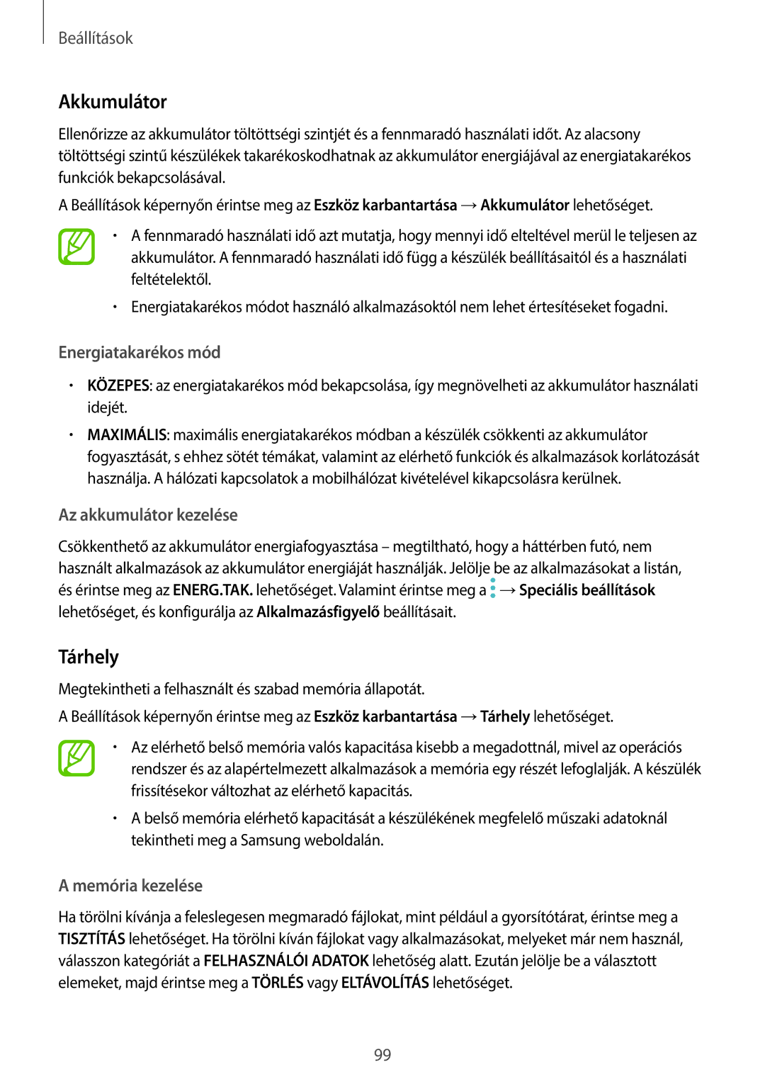 Samsung SM-T555NZKAXEH manual Akkumulátor, Tárhely 