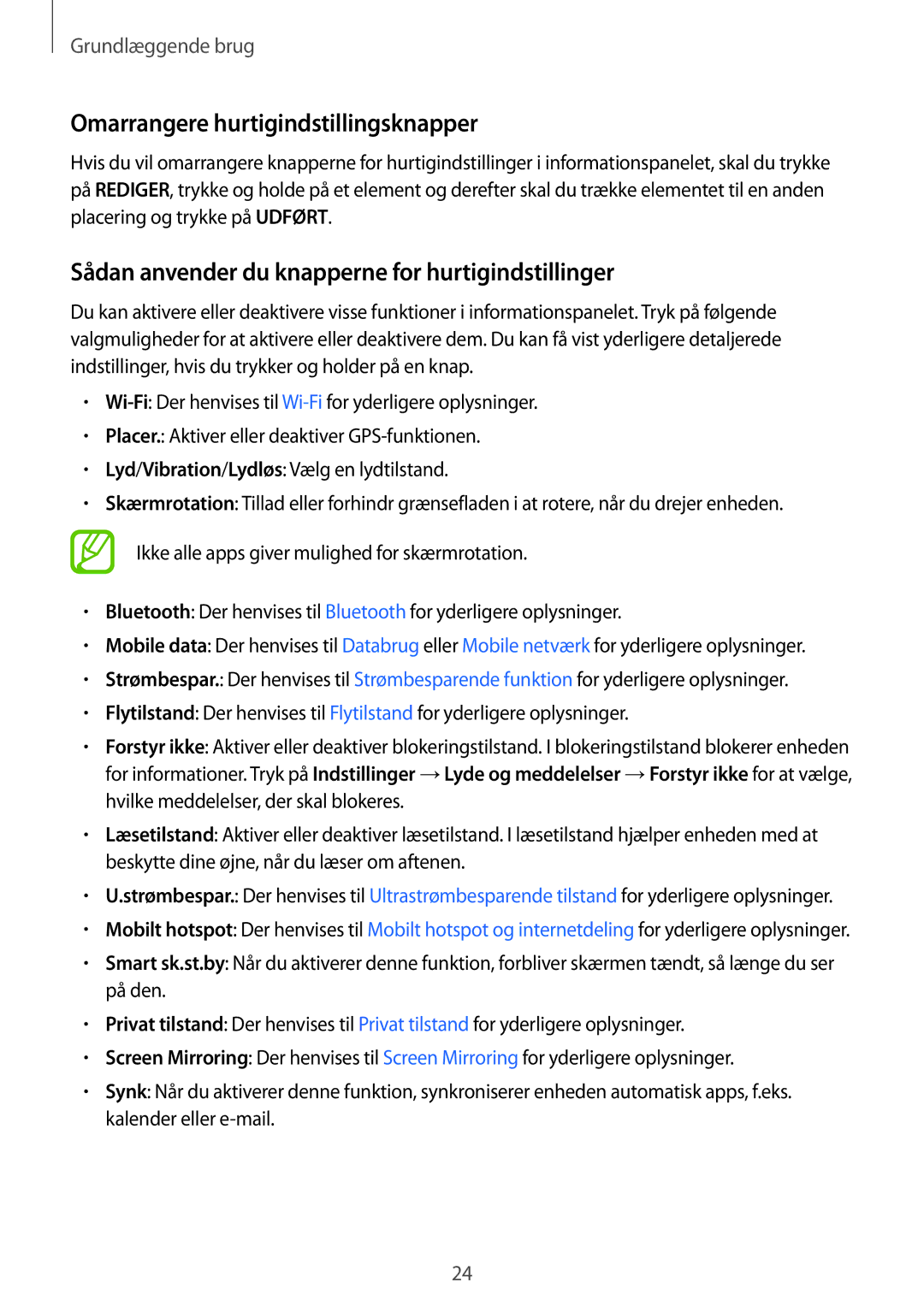 Samsung SM-T555NZWANEE manual Omarrangere hurtigindstillingsknapper, Sådan anvender du knapperne for hurtigindstillinger 