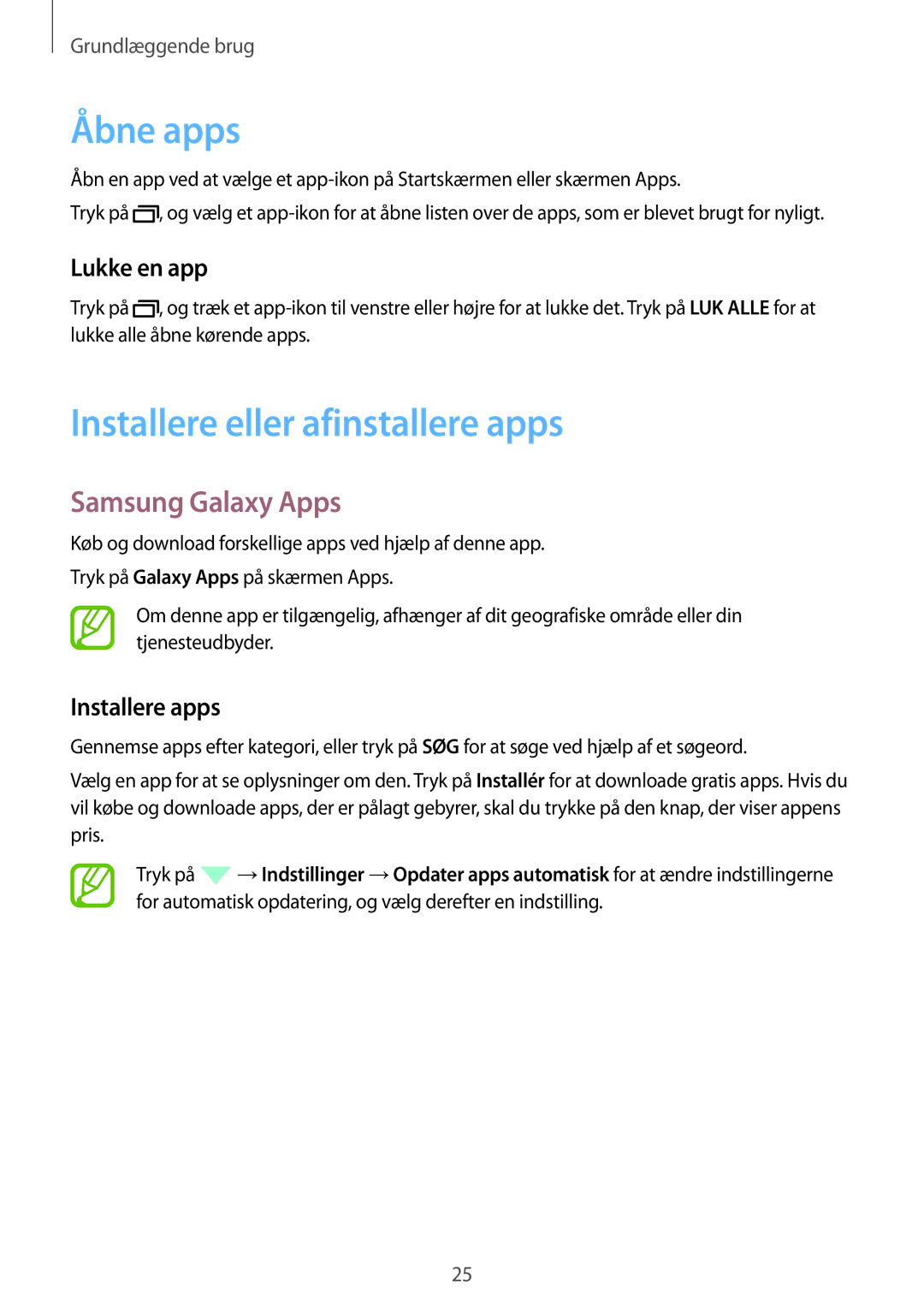 Samsung SM-T555NZKENEE Åbne apps, Installere eller afinstallere apps, Samsung Galaxy Apps, Lukke en app, Installere apps 