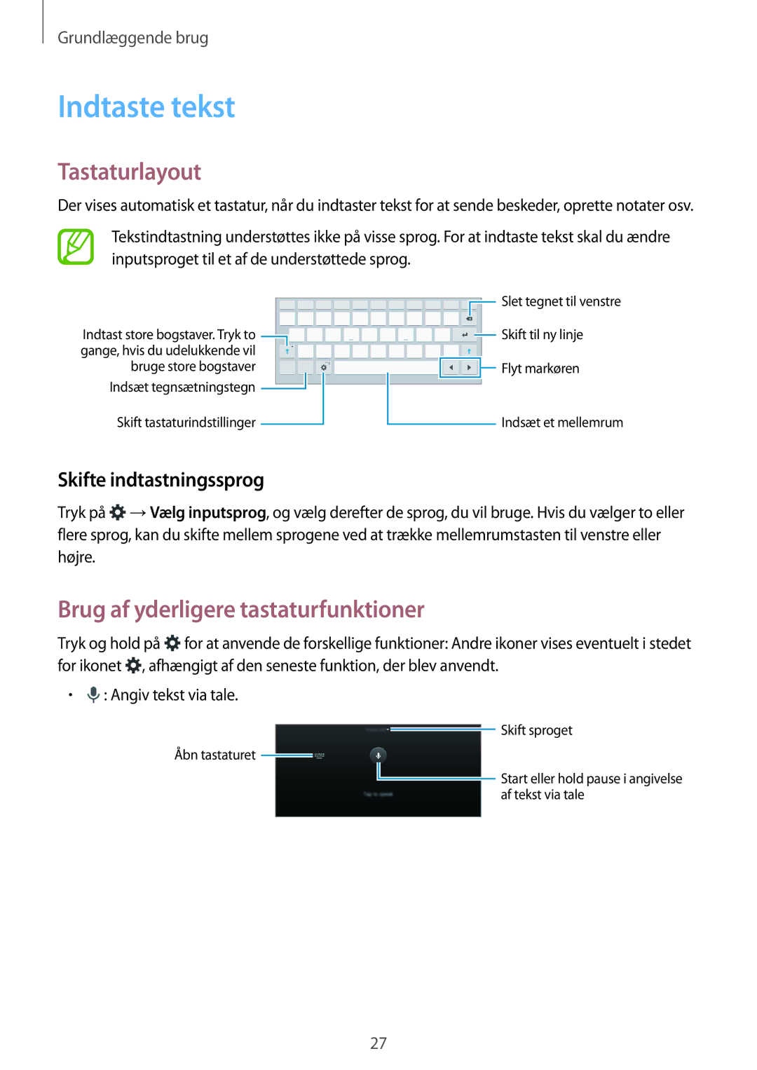 Samsung SM-T555NZWANEE Indtaste tekst, Tastaturlayout, Brug af yderligere tastaturfunktioner, Skifte indtastningssprog 