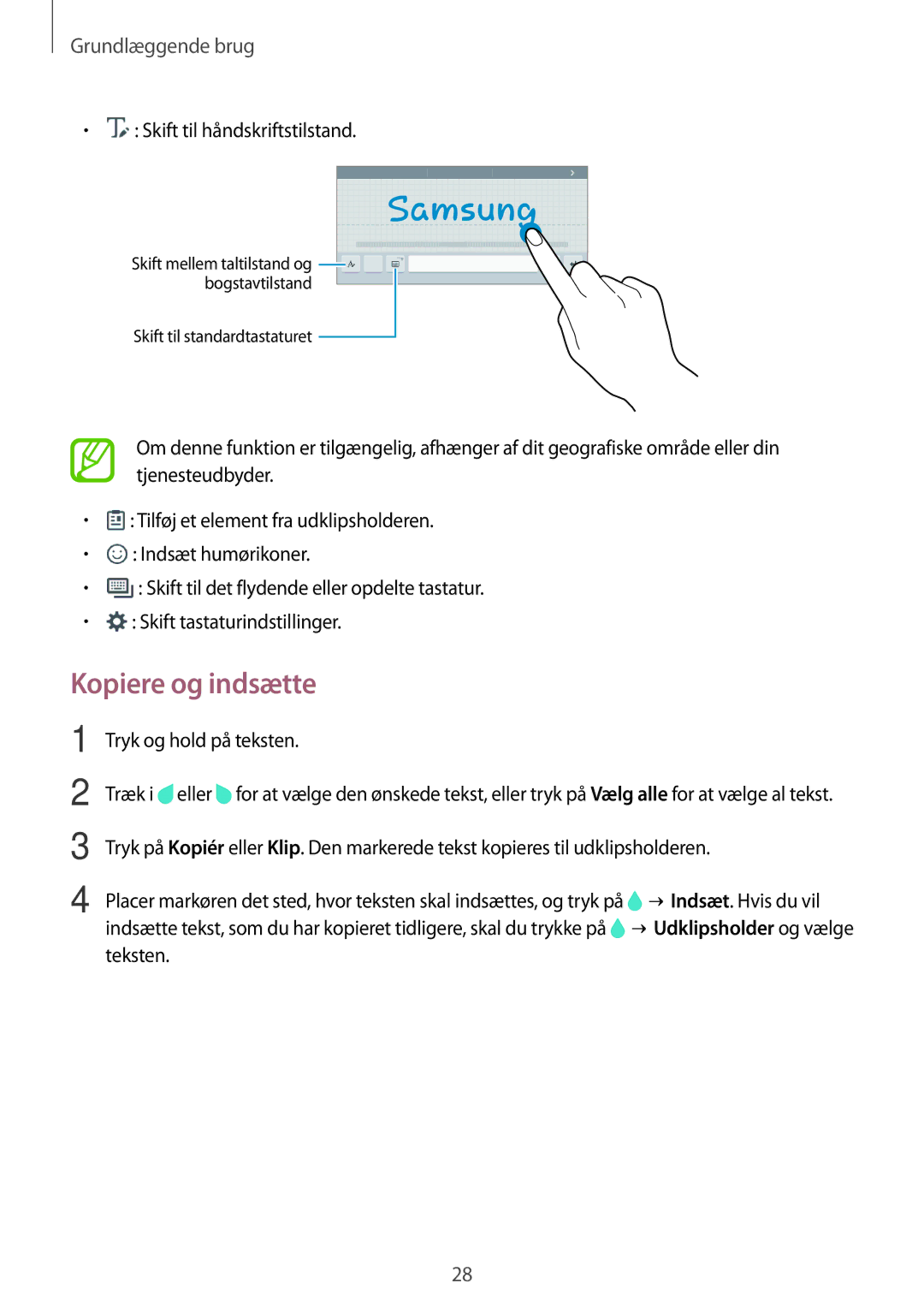 Samsung SM-T555NZKENEE, SM-T555NZWANEE manual Kopiere og indsætte, Skift til håndskriftstilstand, Tryk og hold på teksten 