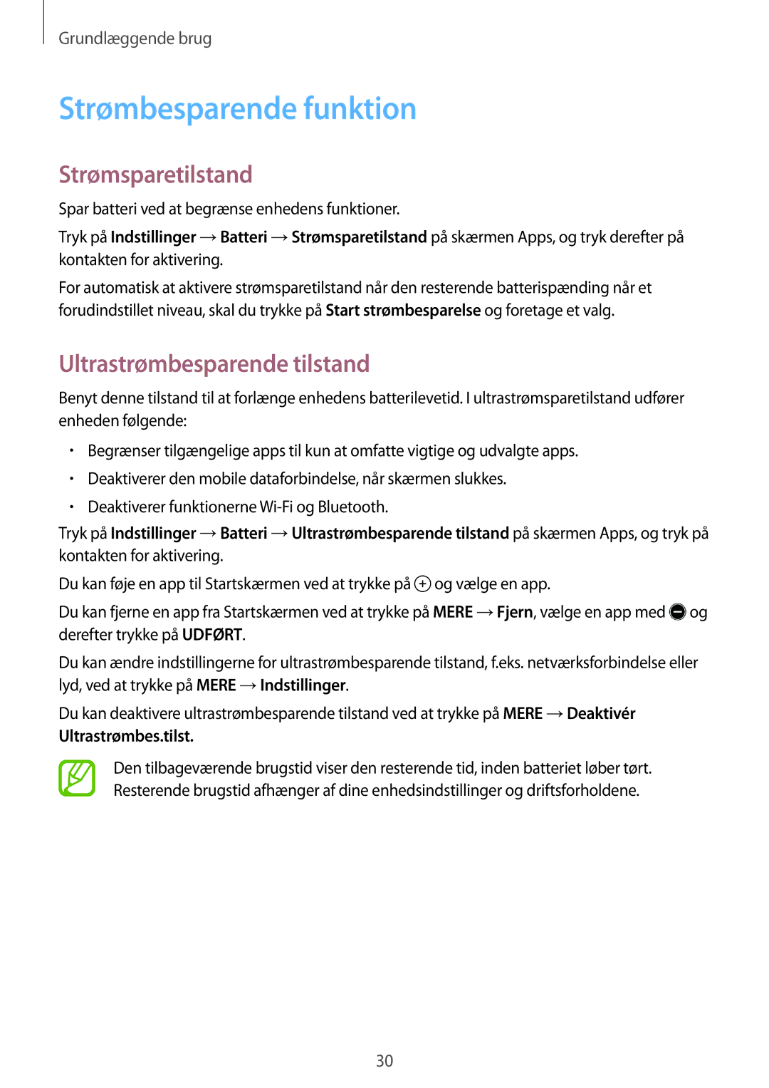 Samsung SM-T555NZWANEE, SM-T555NZKENEE manual Strømbesparende funktion, Strømsparetilstand, Ultrastrømbesparende tilstand 