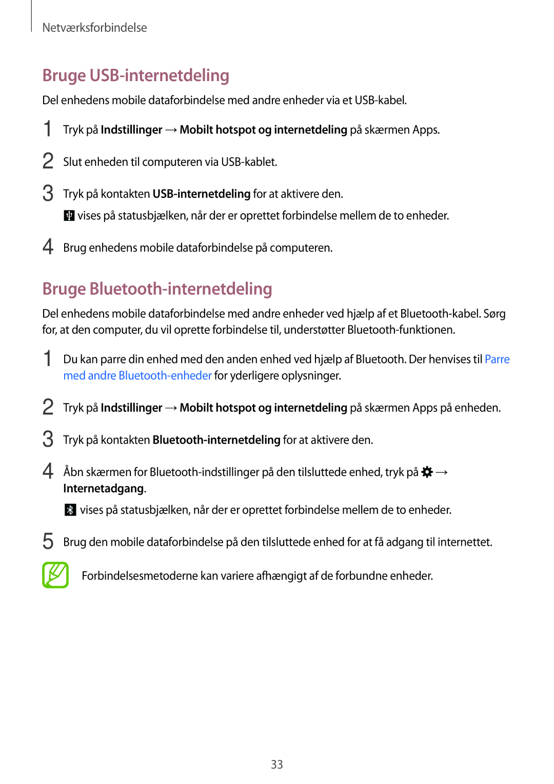 Samsung SM-T555NZWANEE, SM-T555NZKENEE, SM-T555NZKANEE manual Bruge USB-internetdeling, Bruge Bluetooth-internetdeling 