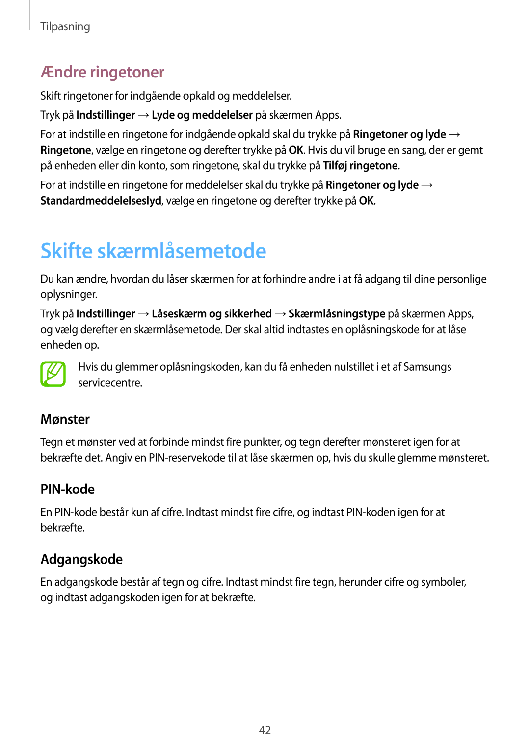 Samsung SM-T555NZWANEE, SM-T555NZKENEE manual Skifte skærmlåsemetode, Ændre ringetoner, Mønster, PIN-kode, Adgangskode 