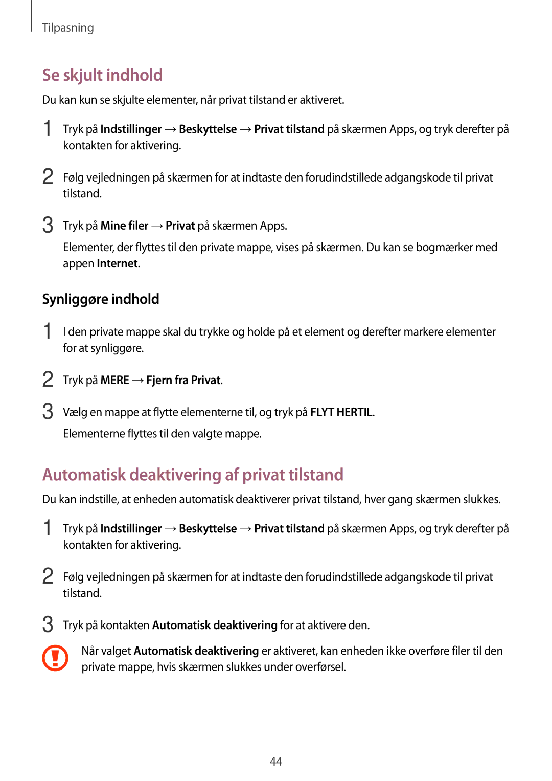 Samsung SM-T555NZKANEE, SM-T555NZWANEE Se skjult indhold, Automatisk deaktivering af privat tilstand, Synliggøre indhold 