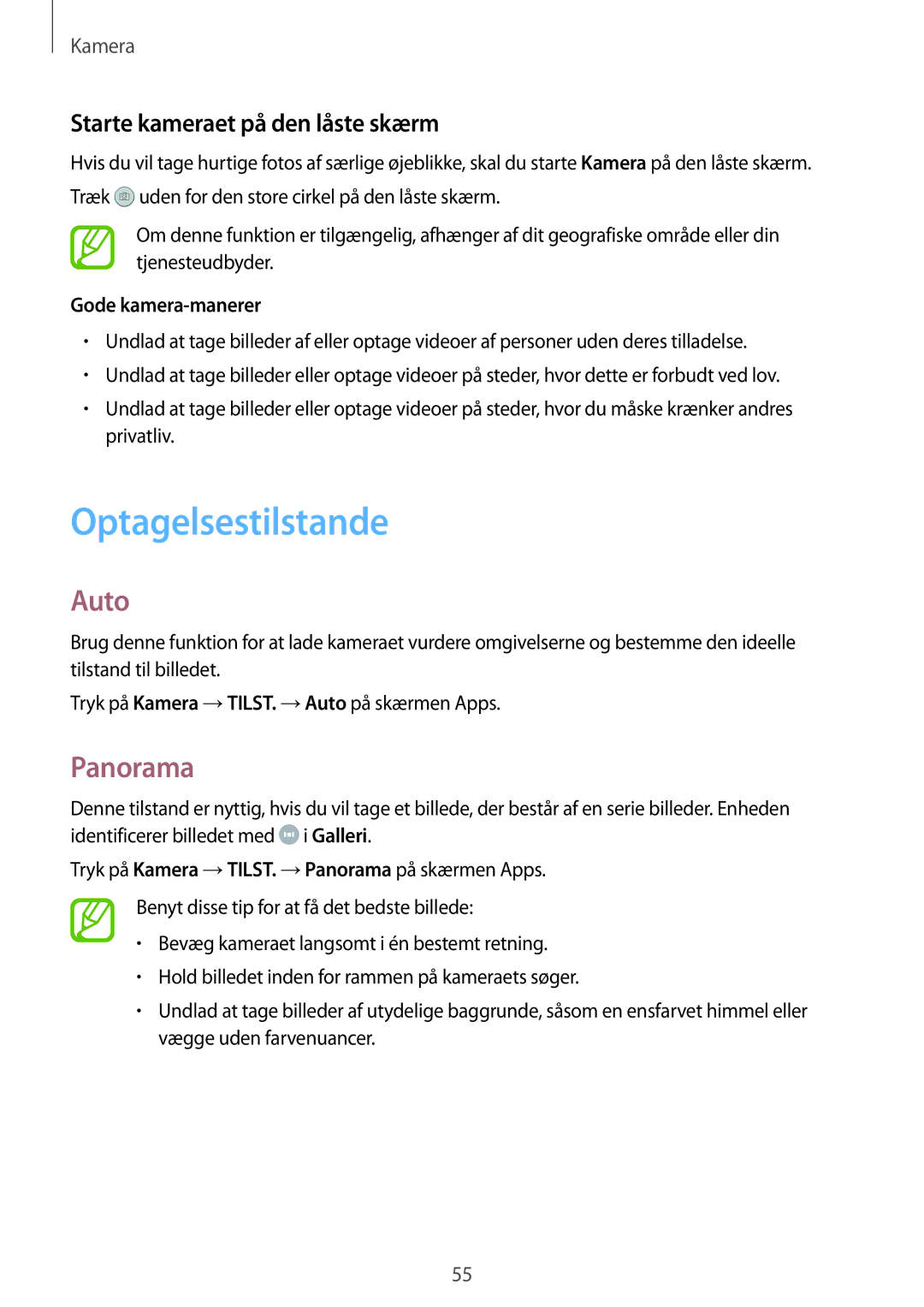 Samsung SM-T555NZKENEE, SM-T555NZWANEE manual Optagelsestilstande, Auto, Panorama, Starte kameraet på den låste skærm 