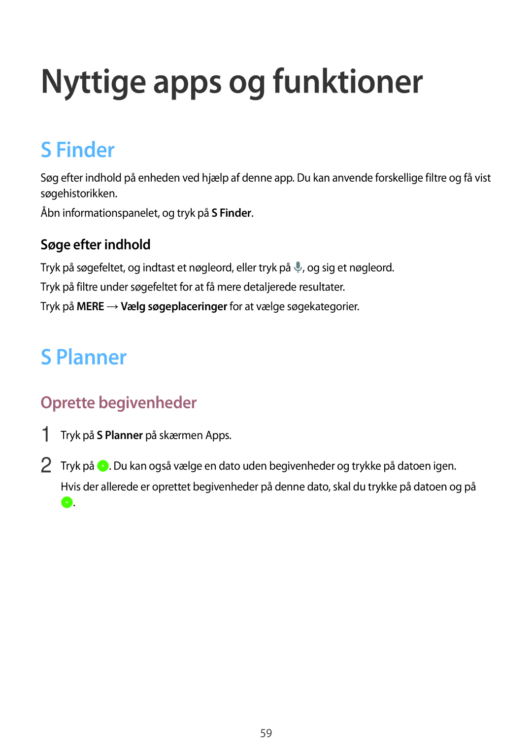 Samsung SM-T555NZKANEE manual Nyttige apps og funktioner, Finder, Planner, Oprette begivenheder, Søge efter indhold 