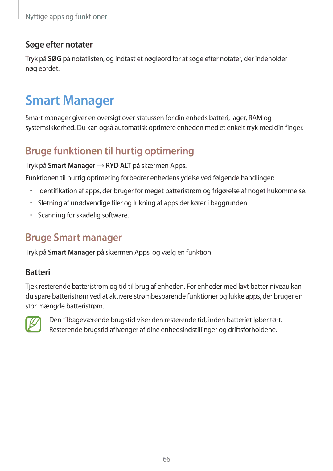 Samsung SM-T555NZWANEE Smart Manager, Bruge funktionen til hurtig optimering, Bruge Smart manager, Søge efter notater 