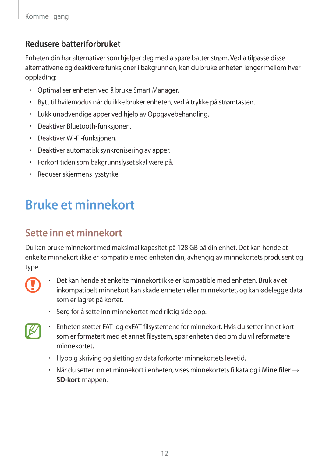 Samsung SM-T555NZWANEE, SM-T555NZKENEE manual Bruke et minnekort, Sette inn et minnekort, Redusere batteriforbruket 