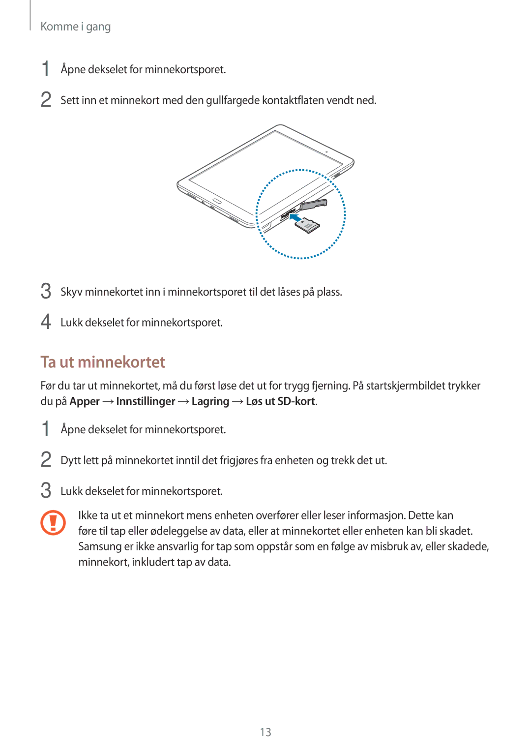 Samsung SM-T555NZKENEE, SM-T555NZWANEE, SM-T555NZKANEE manual Ta ut minnekortet 