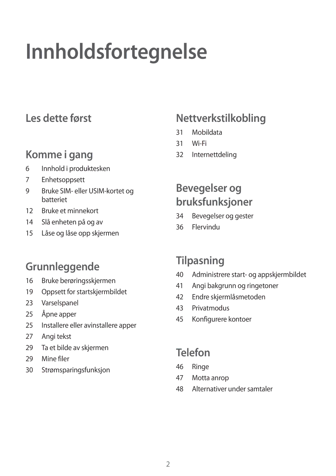 Samsung SM-T555NZKANEE manual Innholdsfortegnelse, Mobildata Wi-Fi Internettdeling, Bevegelser og gester Flervindu 