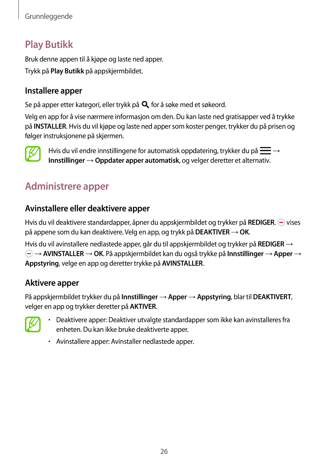 Samsung SM-T555NZKANEE manual Play Butikk, Administrere apper, Avinstallere eller deaktivere apper, Aktivere apper 