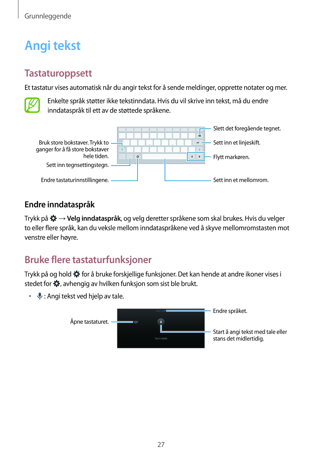 Samsung SM-T555NZWANEE, SM-T555NZKENEE Angi tekst, Tastaturoppsett, Bruke flere tastaturfunksjoner, Endre inndataspråk 