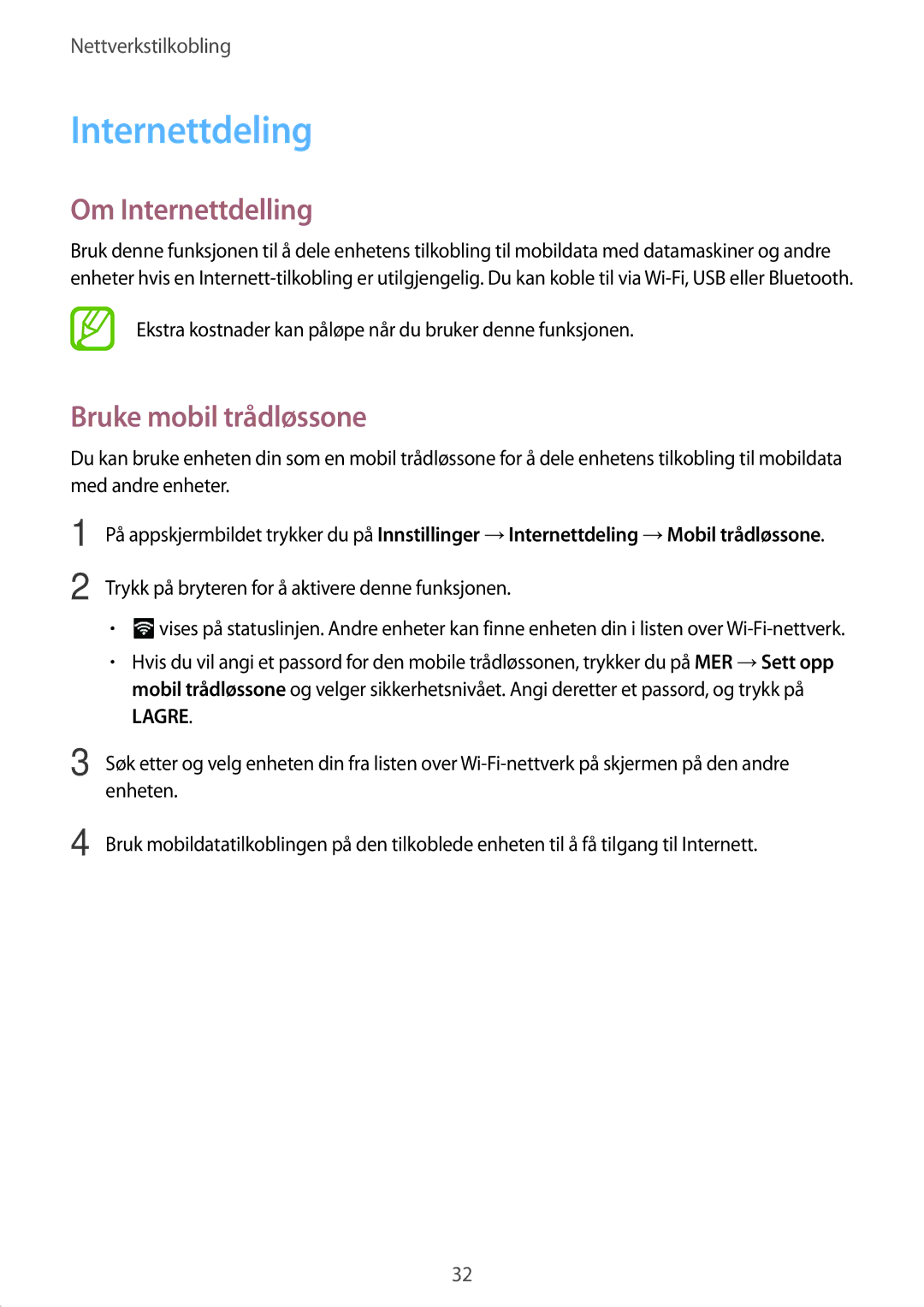 Samsung SM-T555NZKANEE, SM-T555NZWANEE, SM-T555NZKENEE manual Internettdeling, Om Internettdelling, Bruke mobil trådløssone 