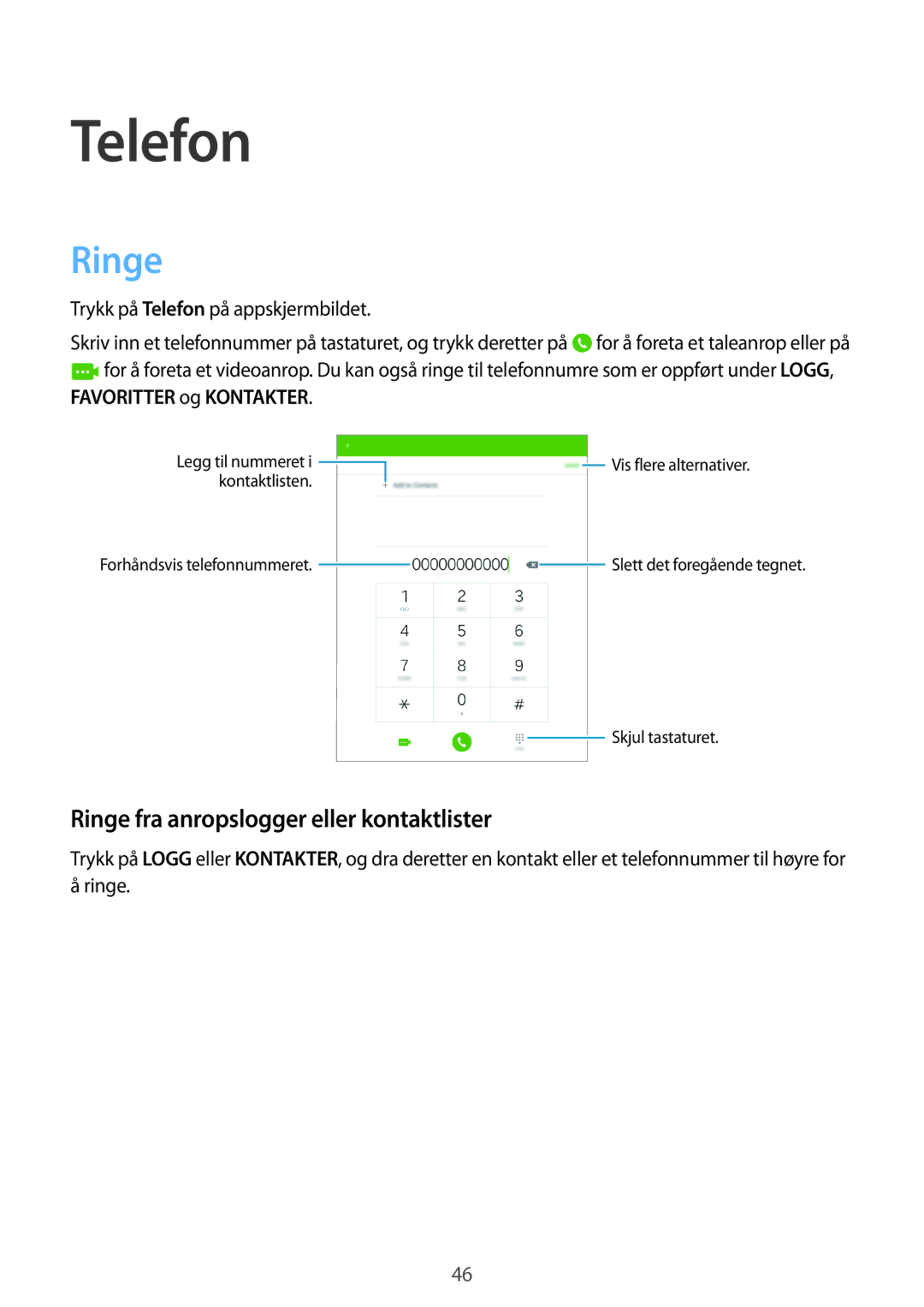 Samsung SM-T555NZKENEE manual Ringe fra anropslogger eller kontaktlister, Trykk på Telefon på appskjermbildet 