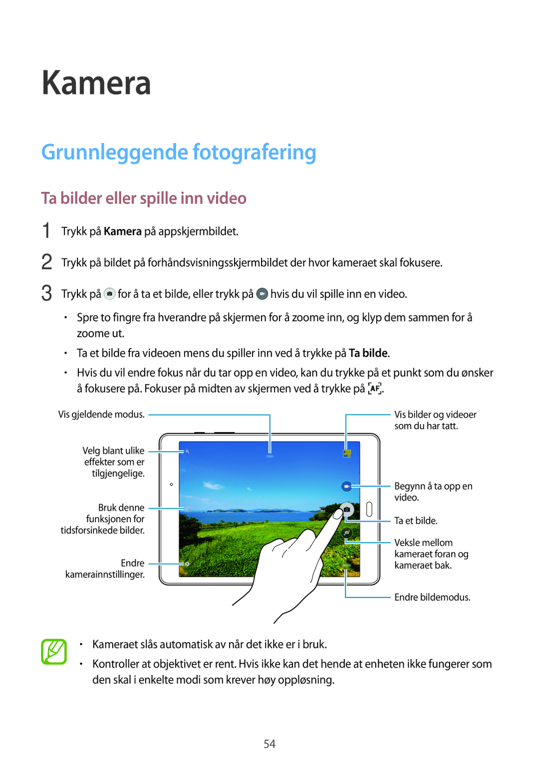 Samsung SM-T555NZWANEE, SM-T555NZKENEE manual Kamera, Grunnleggende fotografering, Ta bilder eller spille inn video 