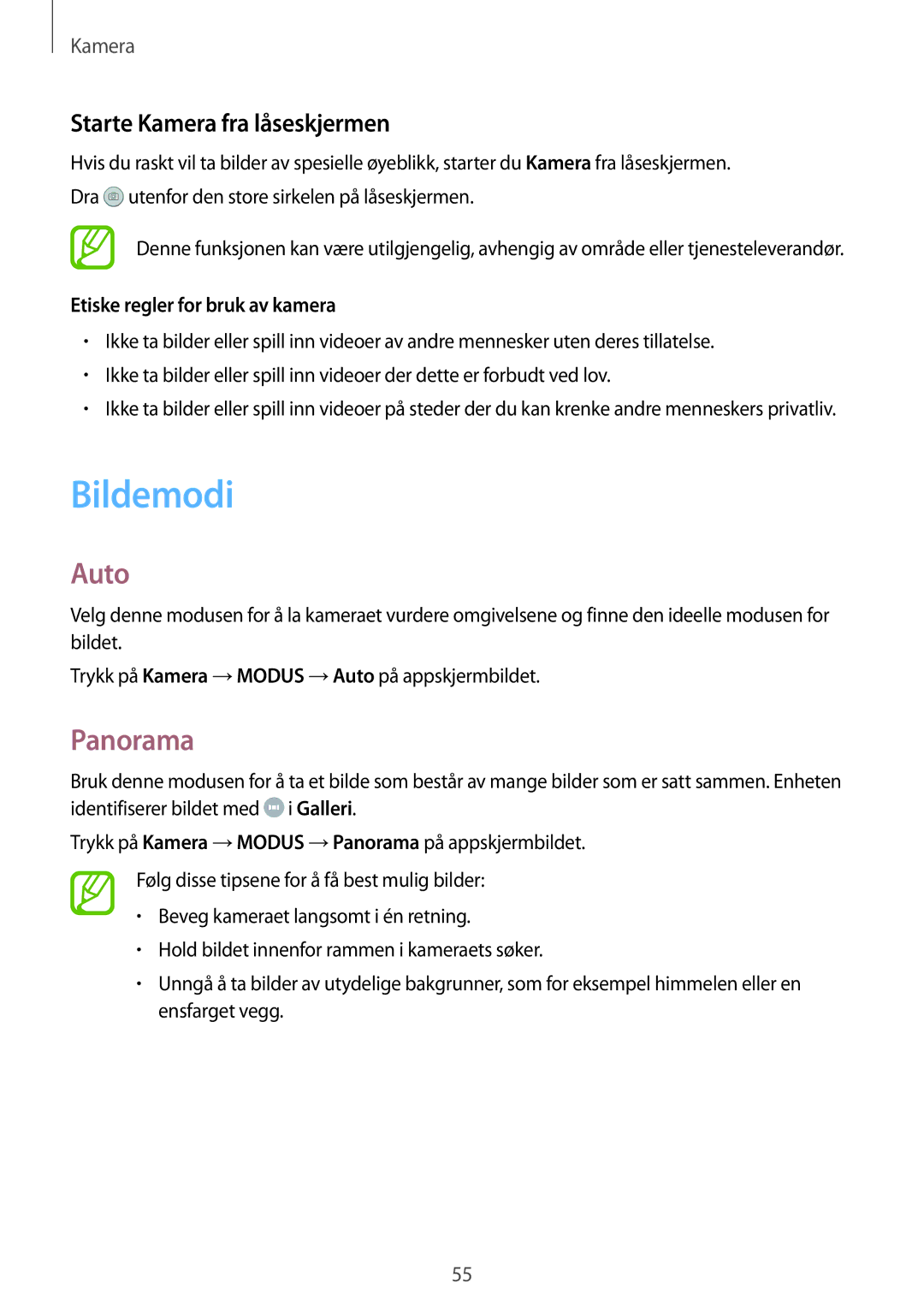 Samsung SM-T555NZKENEE manual Bildemodi, Auto, Panorama, Starte Kamera fra låseskjermen, Etiske regler for bruk av kamera 