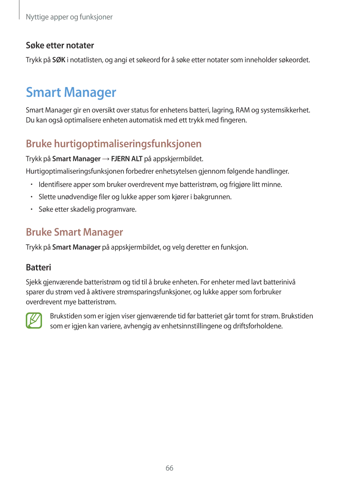 Samsung SM-T555NZWANEE manual Bruke hurtigoptimaliseringsfunksjonen, Bruke Smart Manager, Søke etter notater, Batteri 