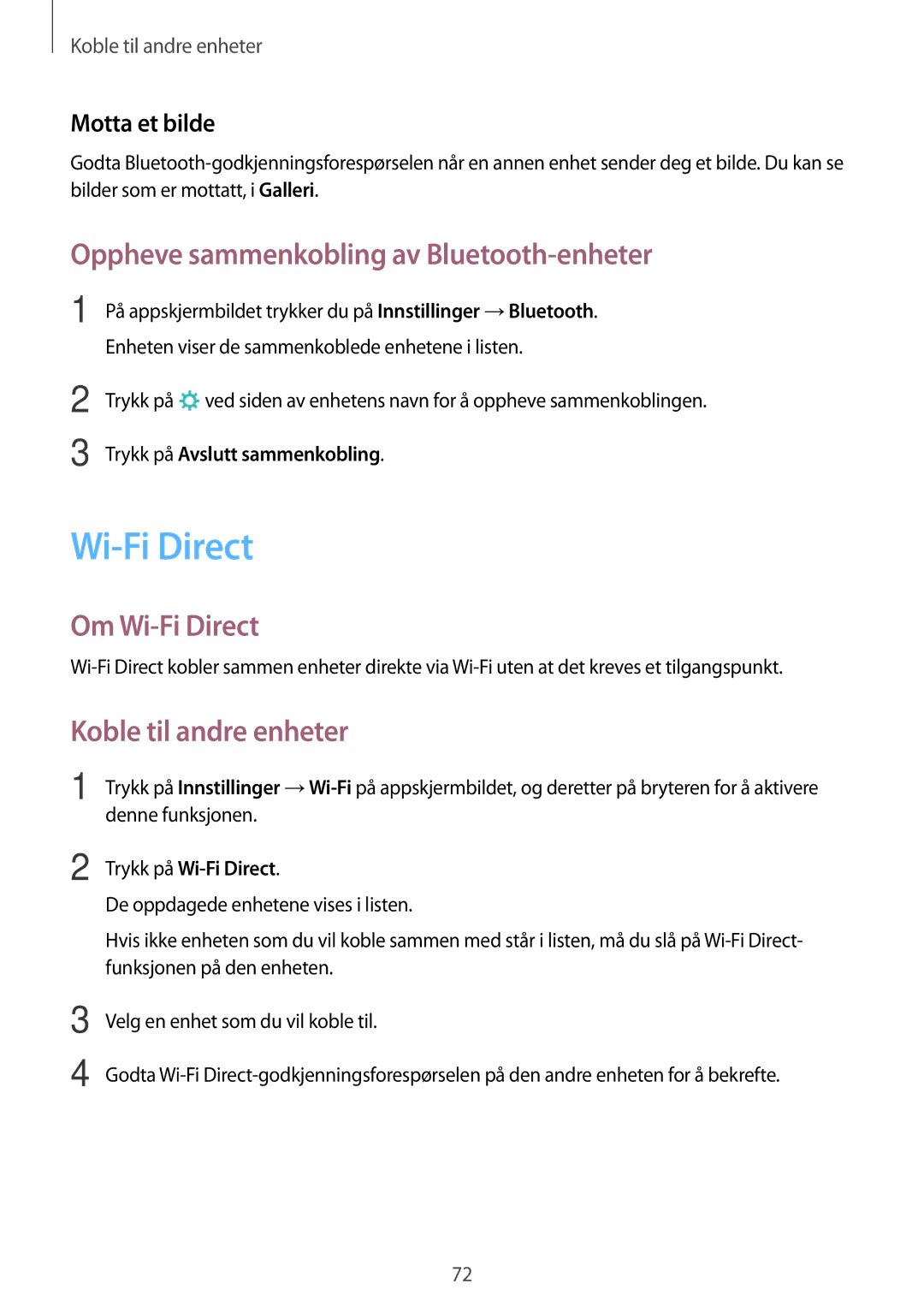 Samsung SM-T555NZWANEE manual Oppheve sammenkobling av Bluetooth-enheter, Om Wi-Fi Direct, Koble til andre enheter 