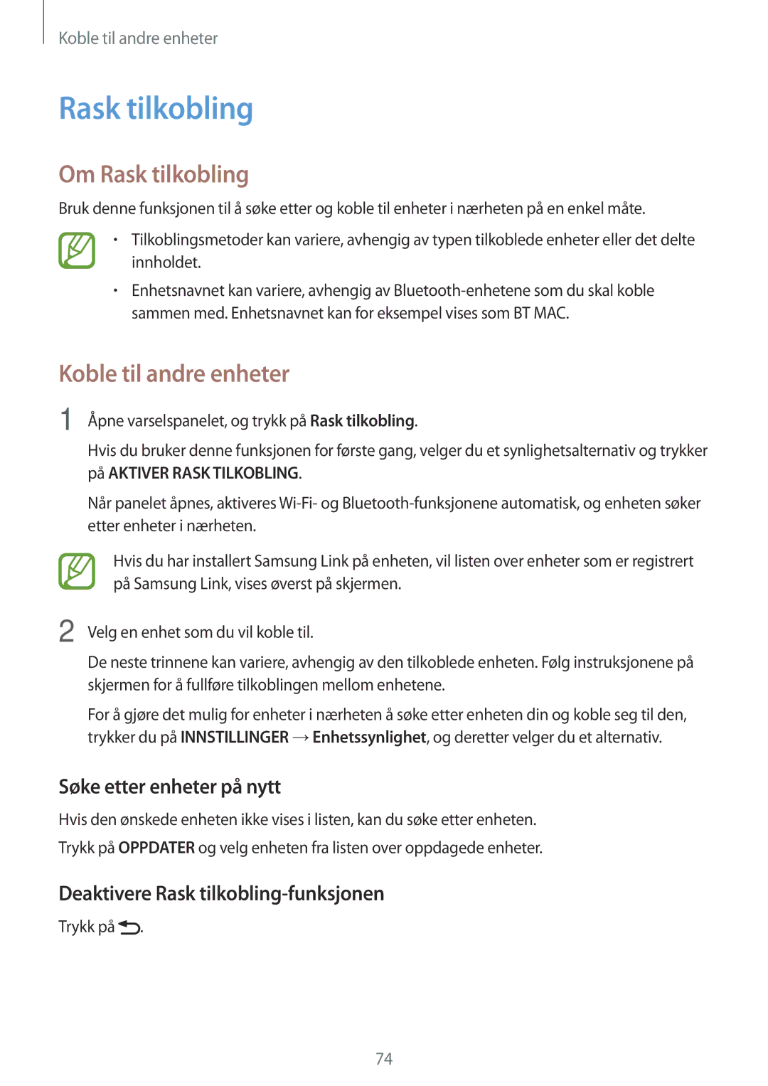 Samsung SM-T555NZKANEE manual Om Rask tilkobling, Søke etter enheter på nytt, Deaktivere Rask tilkobling-funksjonen 