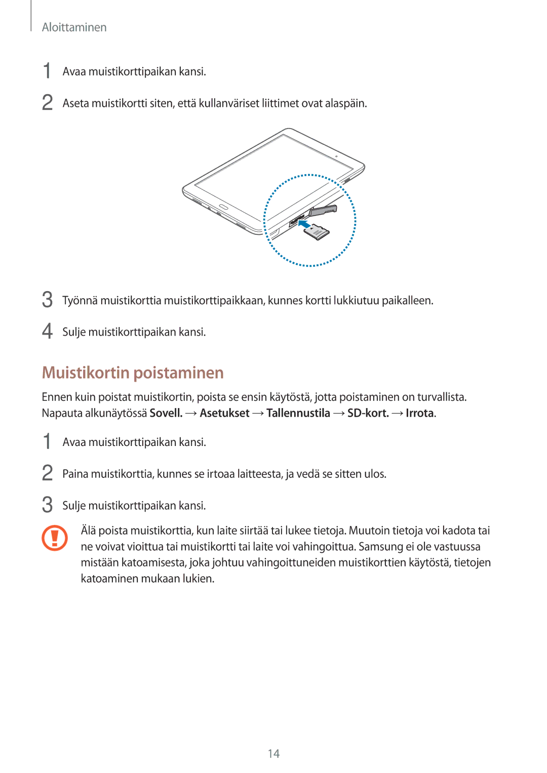 Samsung SM-T555NZKANEE, SM-T555NZWANEE, SM-T555NZKENEE manual Muistikortin poistaminen 