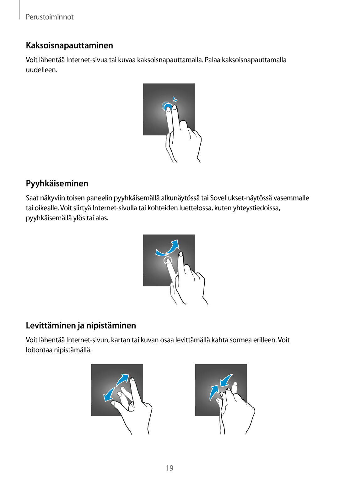 Samsung SM-T555NZKENEE, SM-T555NZWANEE, SM-T555NZKANEE Kaksoisnapauttaminen, Pyyhkäiseminen, Levittäminen ja nipistäminen 