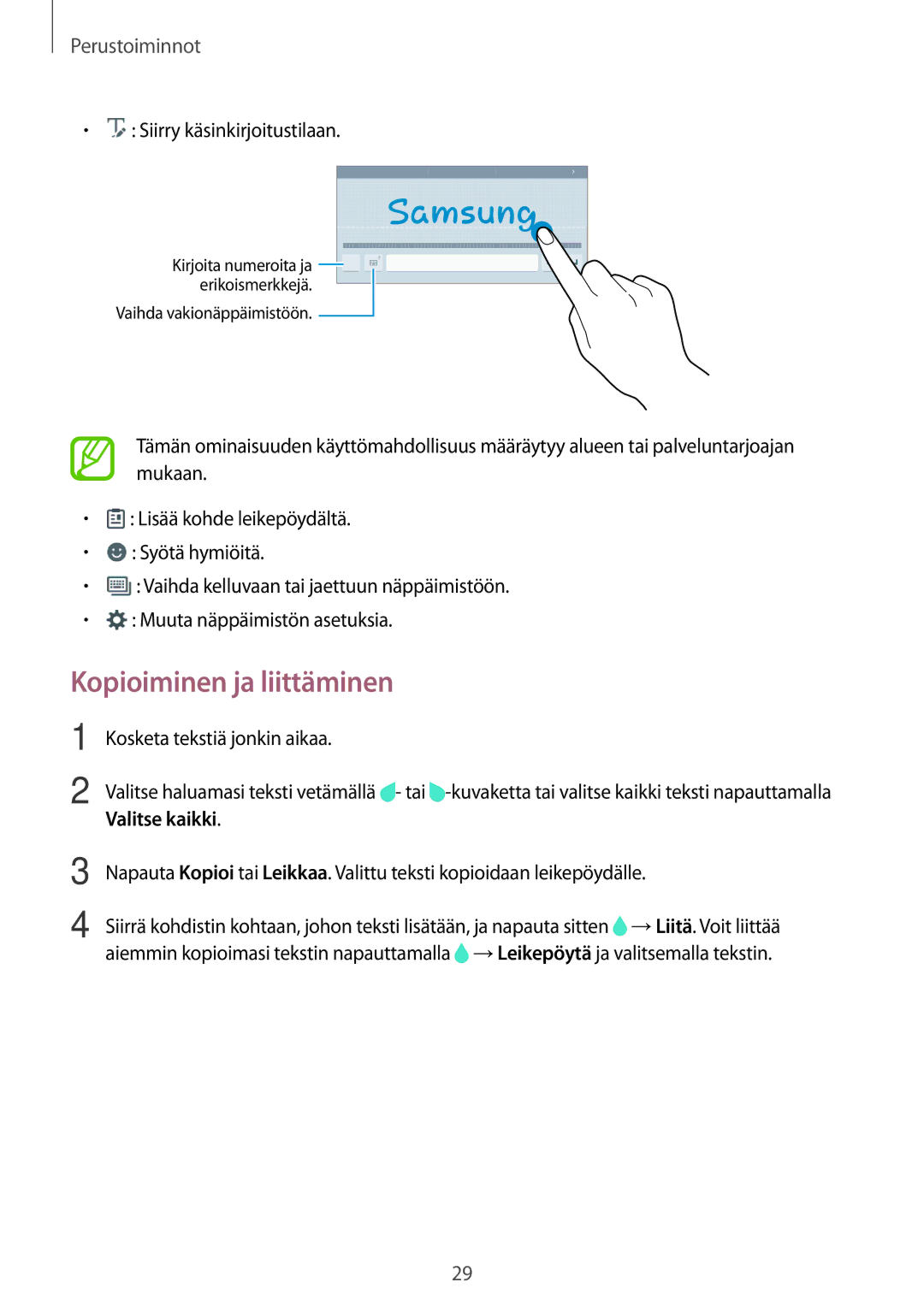 Samsung SM-T555NZKANEE, SM-T555NZWANEE, SM-T555NZKENEE manual Kopioiminen ja liittäminen, Valitse kaikki 