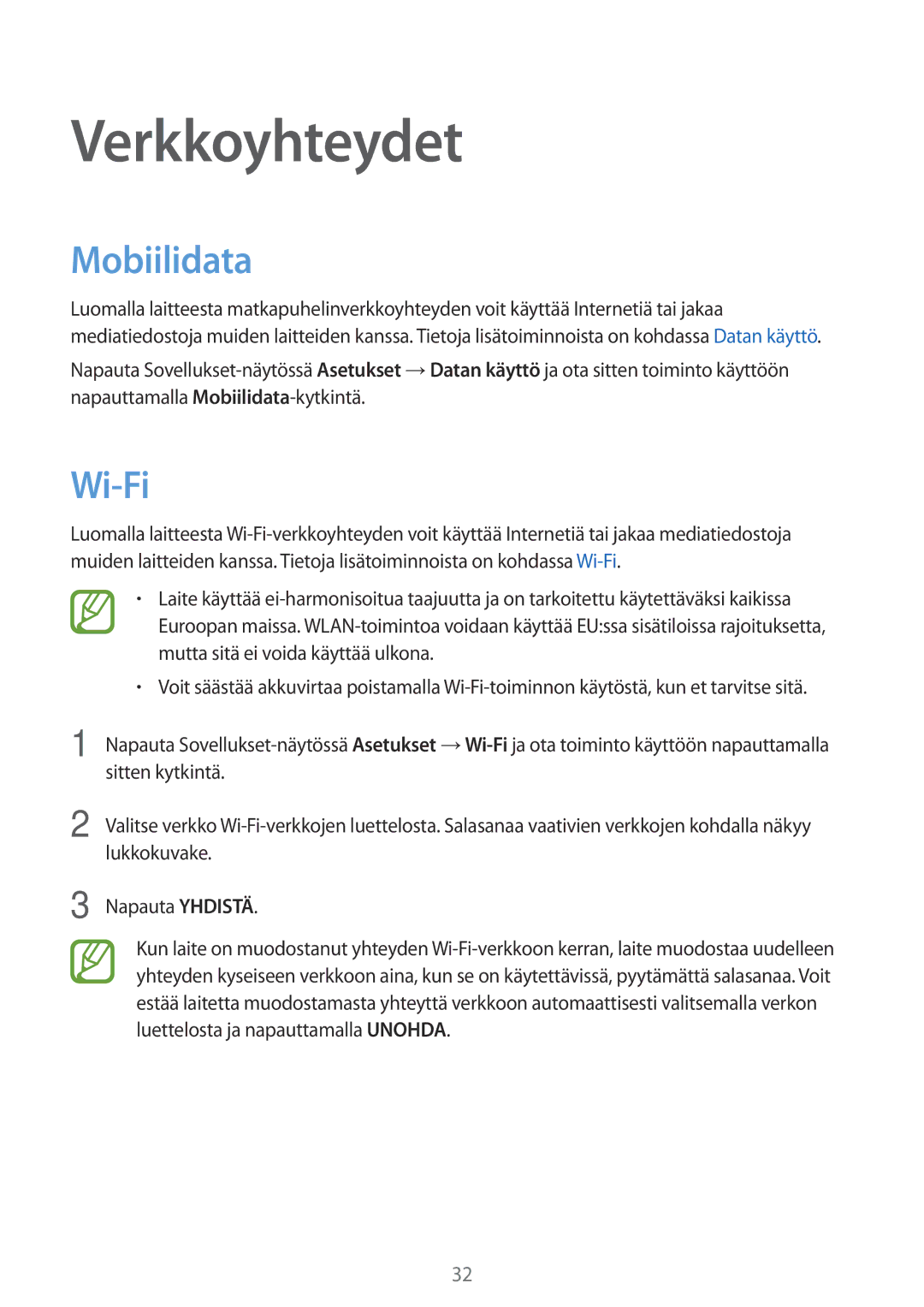 Samsung SM-T555NZKANEE, SM-T555NZWANEE, SM-T555NZKENEE manual Verkkoyhteydet, Mobiilidata, Wi-Fi 