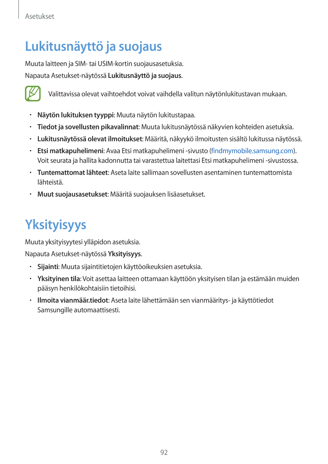 Samsung SM-T555NZKANEE, SM-T555NZWANEE, SM-T555NZKENEE manual Lukitusnäyttö ja suojaus, Yksityisyys 