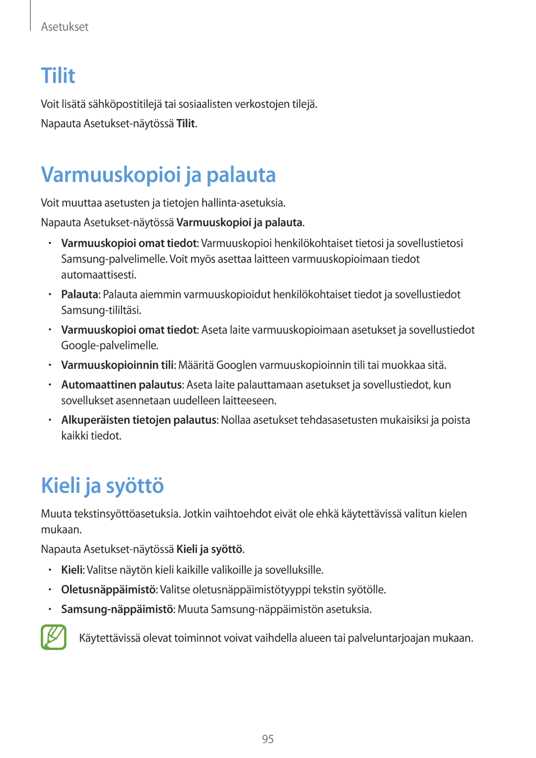 Samsung SM-T555NZKANEE, SM-T555NZWANEE, SM-T555NZKENEE manual Tilit, Varmuuskopioi ja palauta, Kieli ja syöttö 