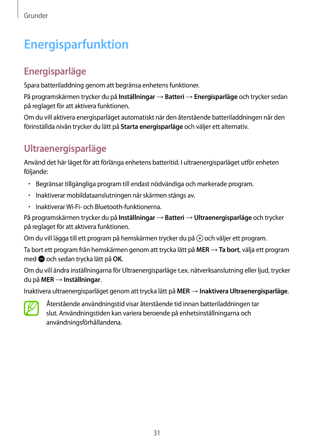 Samsung SM-T555NZKENEE, SM-T555NZWANEE, SM-T555NZKANEE manual Energisparfunktion, Energisparläge, Ultraenergisparläge 