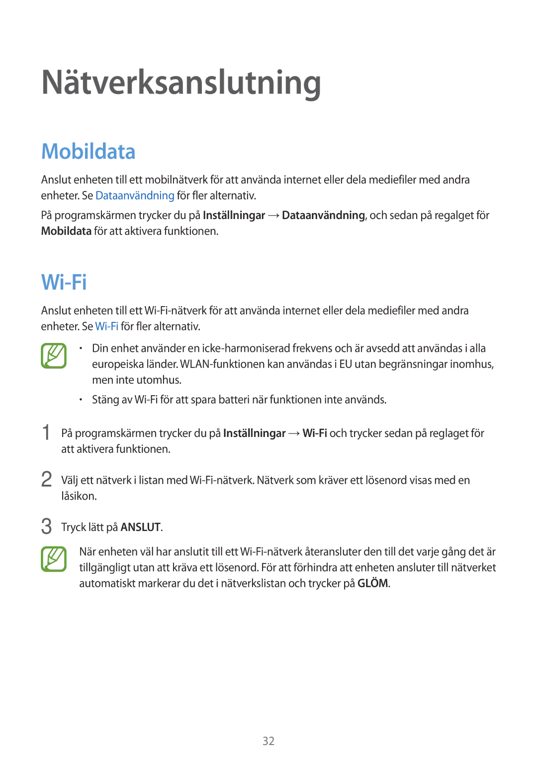 Samsung SM-T555NZKANEE, SM-T555NZWANEE, SM-T555NZKENEE manual Nätverksanslutning, Mobildata, Wi-Fi 