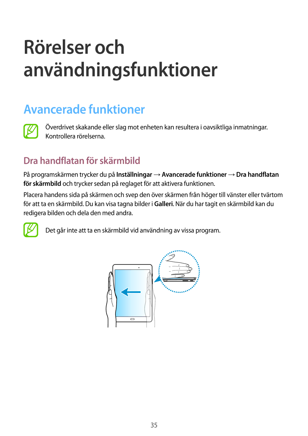 Samsung SM-T555NZKANEE, SM-T555NZWANEE, SM-T555NZKENEE manual Avancerade funktioner, Dra handflatan för skärmbild 