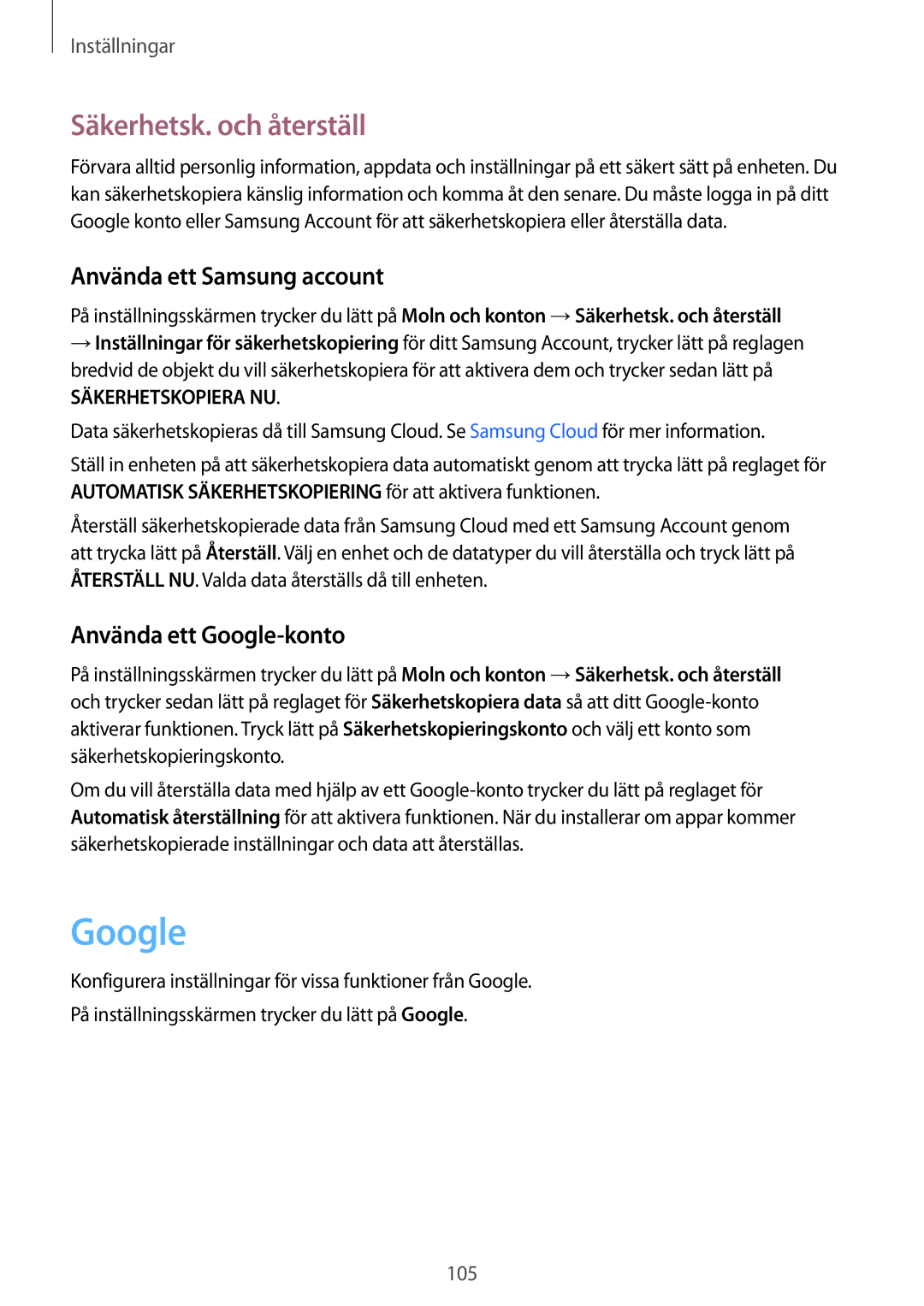 Samsung SM-T555NZWANEE manual Säkerhetsk. och återställ, Använda ett Samsung account, Använda ett Google-konto 