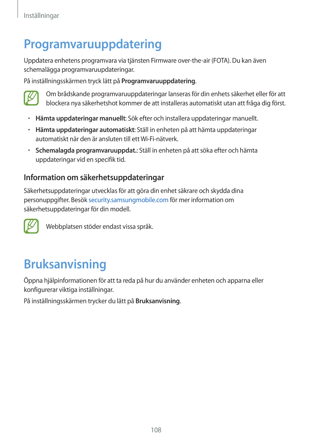 Samsung SM-T555NZWANEE, SM-T555NZKENEE manual Programvaruuppdatering, Bruksanvisning, Information om säkerhetsuppdateringar 