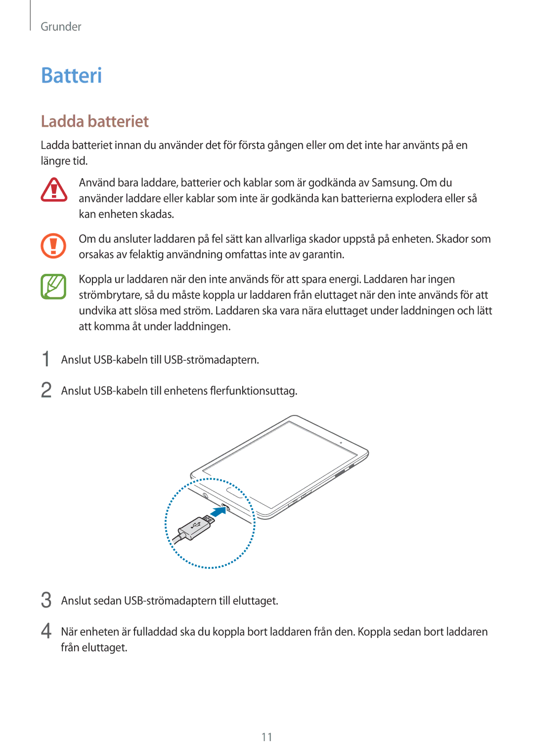 Samsung SM-T555NZKANEE, SM-T555NZWANEE, SM-T555NZKENEE manual Batteri, Ladda batteriet 