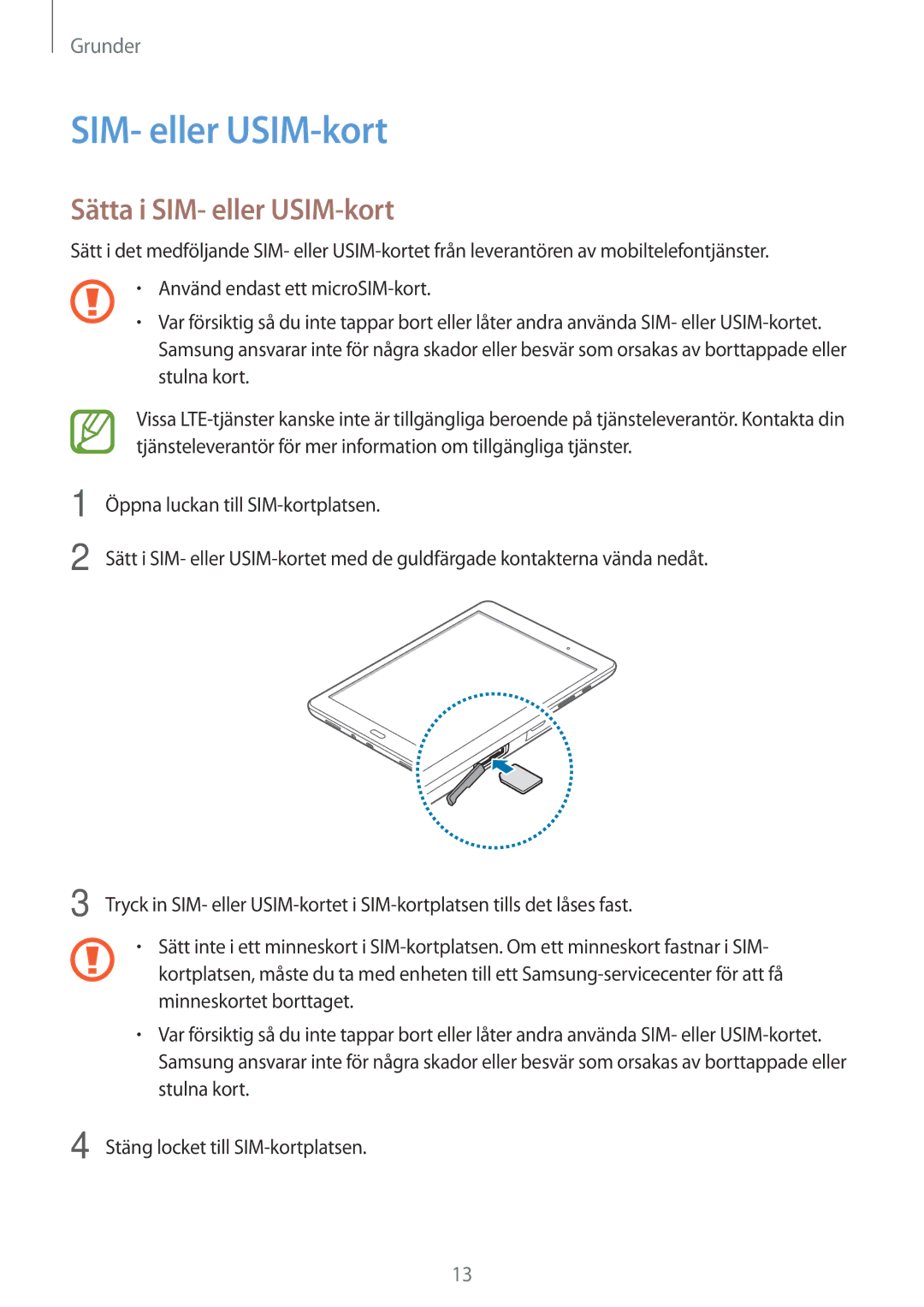 Samsung SM-T555NZKENEE, SM-T555NZWANEE, SM-T555NZKANEE manual Sätta i SIM- eller USIM-kort 