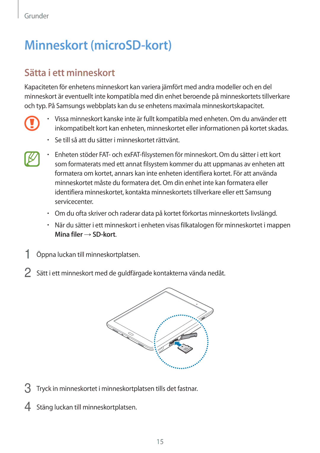 Samsung SM-T555NZWANEE, SM-T555NZKENEE, SM-T555NZKANEE manual Minneskort microSD-kort, Sätta i ett minneskort 