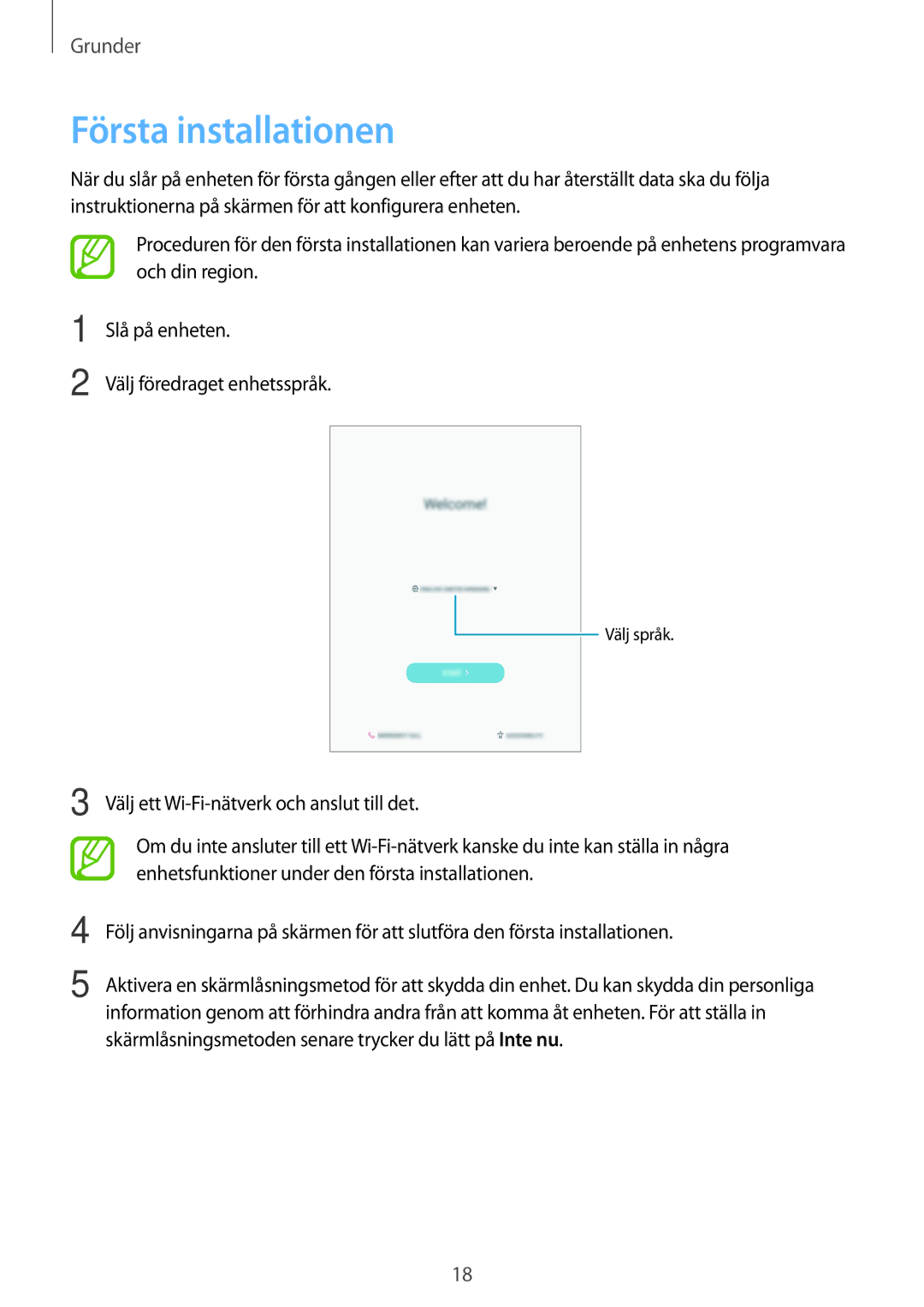 Samsung SM-T555NZWANEE, SM-T555NZKENEE, SM-T555NZKANEE manual Första installationen 