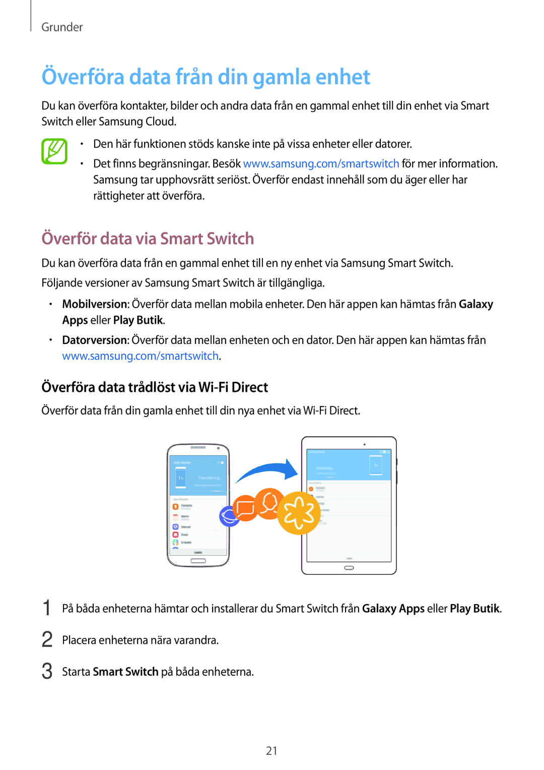 Samsung SM-T555NZWANEE, SM-T555NZKENEE, SM-T555NZKANEE Överföra data från din gamla enhet, Överför data via Smart Switch 