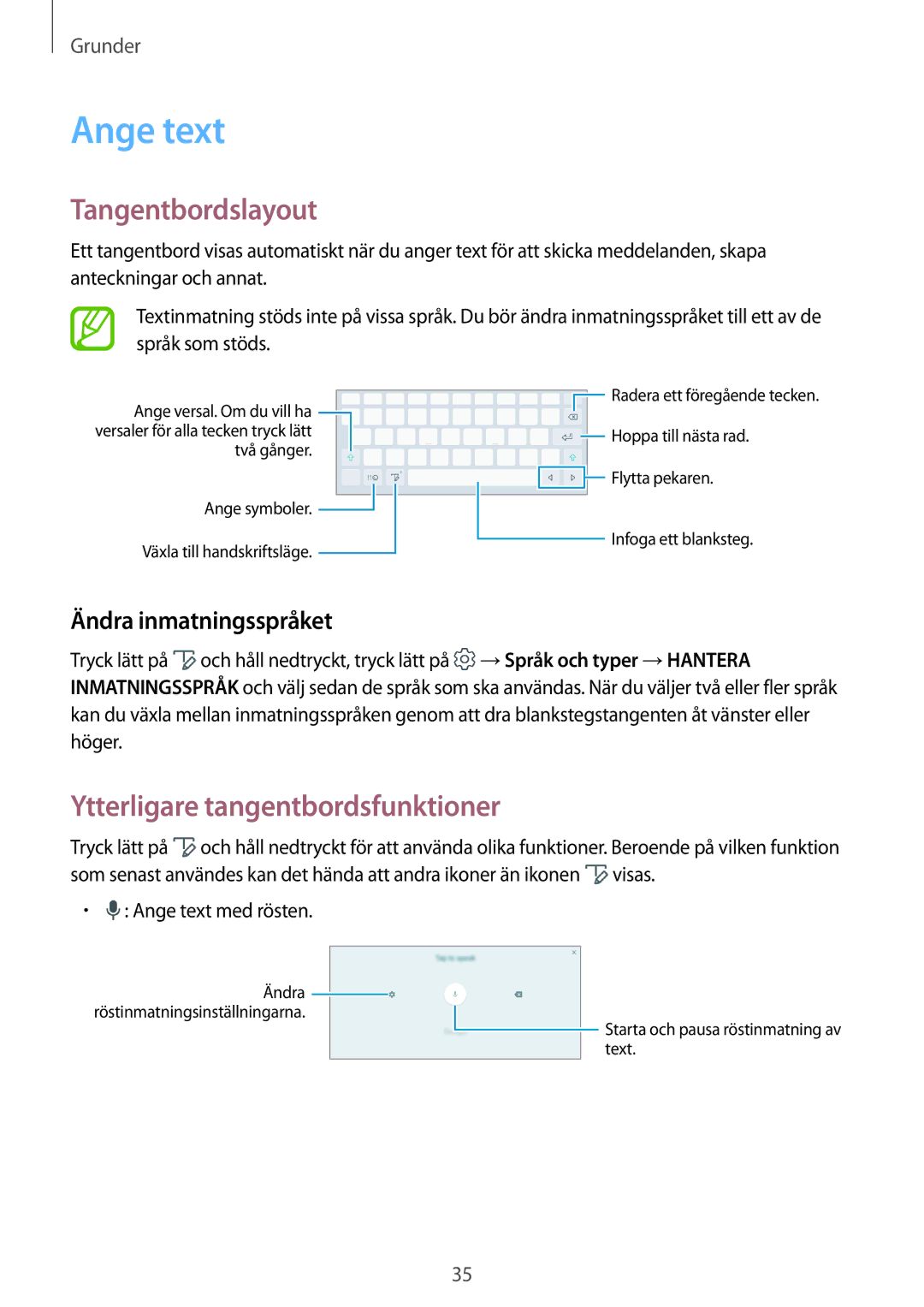 Samsung SM-T555NZKANEE manual Ange text, Tangentbordslayout, Ytterligare tangentbordsfunktioner, Ändra inmatningsspråket 