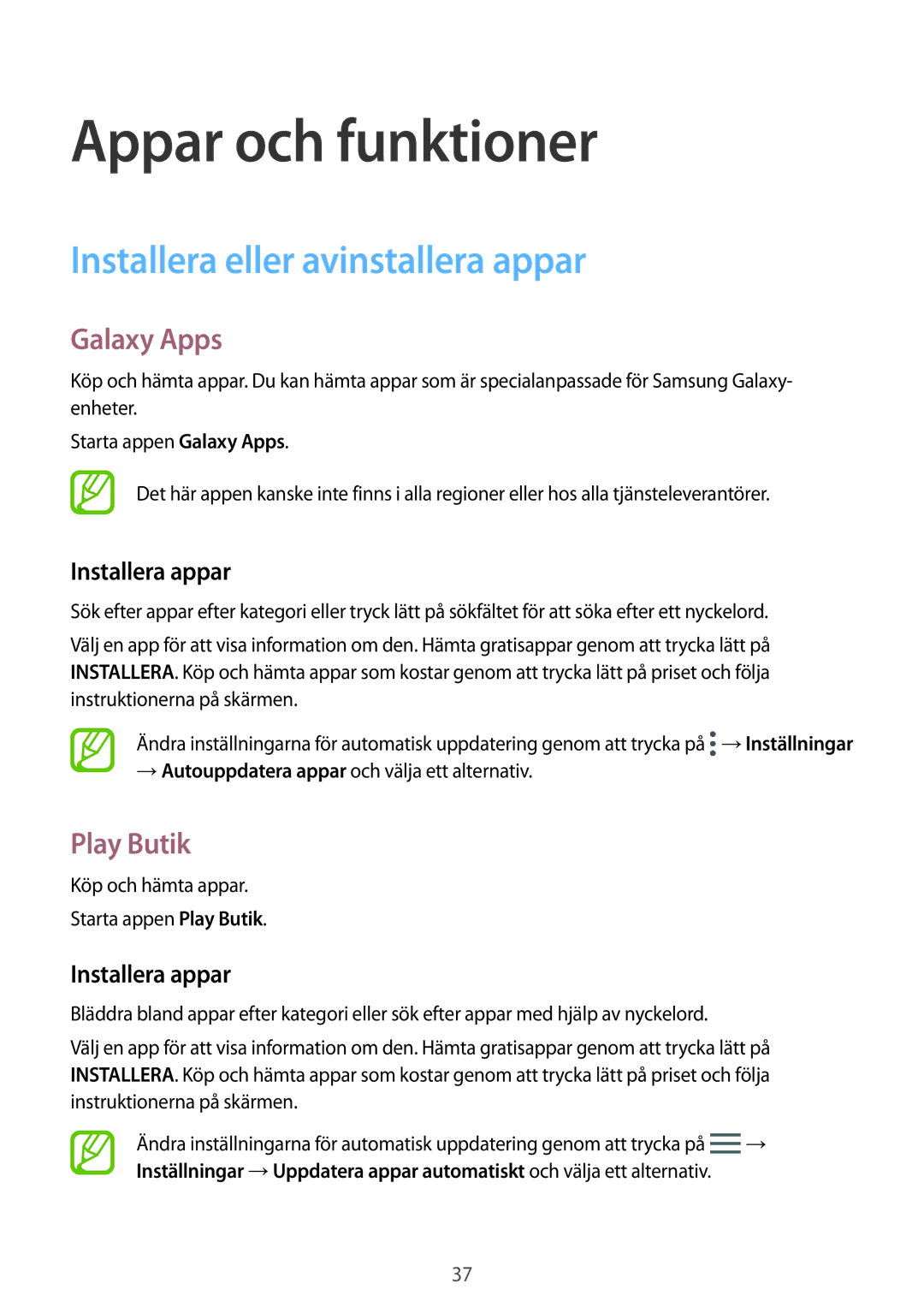 Samsung SM-T555NZKENEE, SM-T555NZWANEE manual Installera eller avinstallera appar, Galaxy Apps, Play Butik, Installera appar 