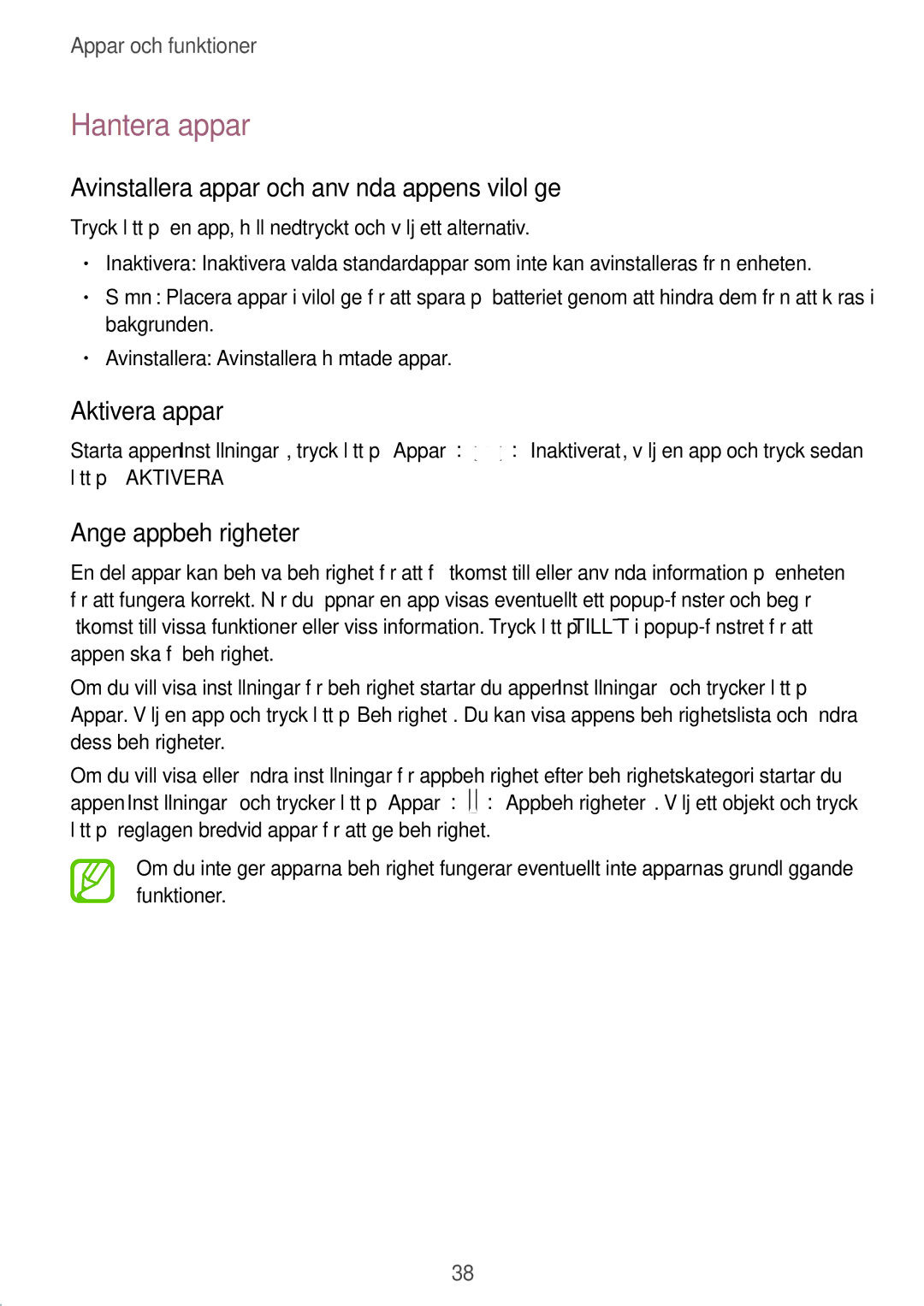 Samsung SM-T555NZKANEE Hantera appar, Avinstallera appar och använda appens viloläge, Aktivera appar, Ange appbehörigheter 