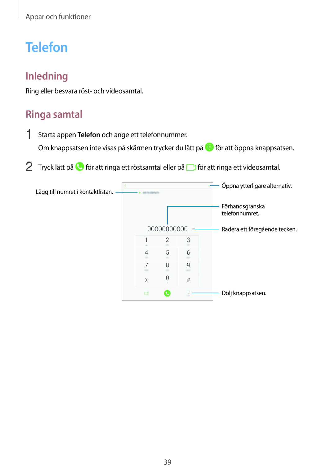 Samsung SM-T555NZWANEE, SM-T555NZKENEE, SM-T555NZKANEE manual Telefon, Ringa samtal 