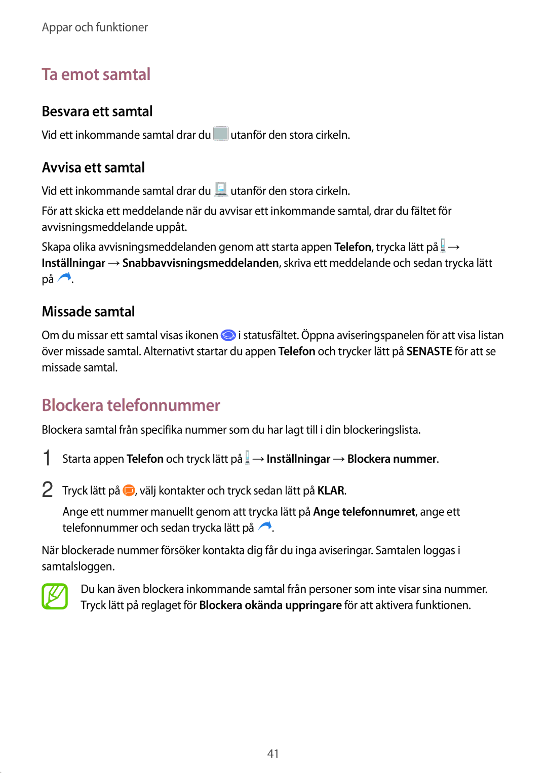 Samsung SM-T555NZKANEE manual Ta emot samtal, Blockera telefonnummer, Besvara ett samtal, Avvisa ett samtal, Missade samtal 