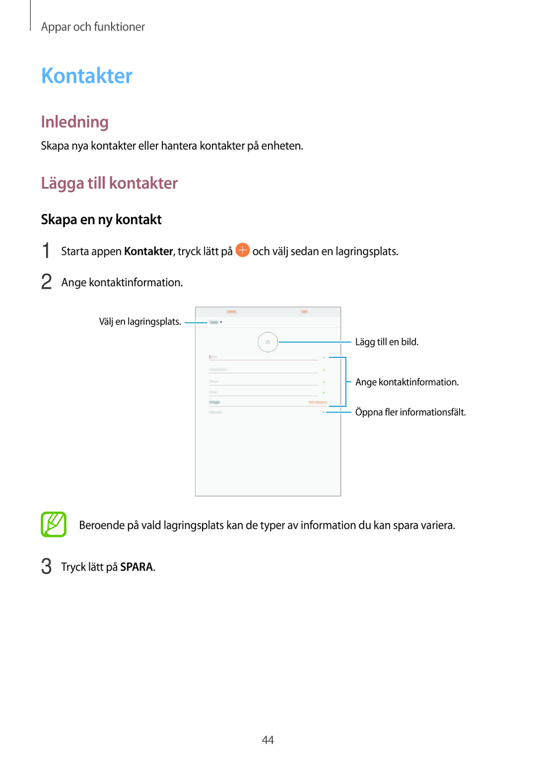 Samsung SM-T555NZKANEE, SM-T555NZWANEE, SM-T555NZKENEE manual Kontakter, Lägga till kontakter, Skapa en ny kontakt 