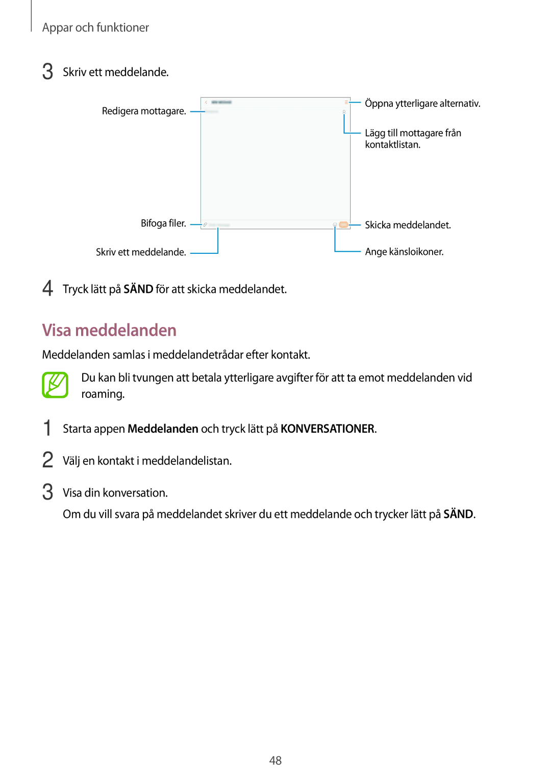 Samsung SM-T555NZWANEE, SM-T555NZKENEE, SM-T555NZKANEE manual Visa meddelanden, Tryck lätt på Sänd för att skicka meddelandet 