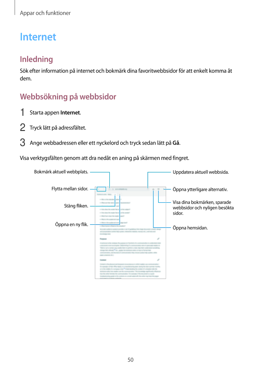 Samsung SM-T555NZKANEE, SM-T555NZWANEE, SM-T555NZKENEE manual Internet, Webbsökning på webbsidor 