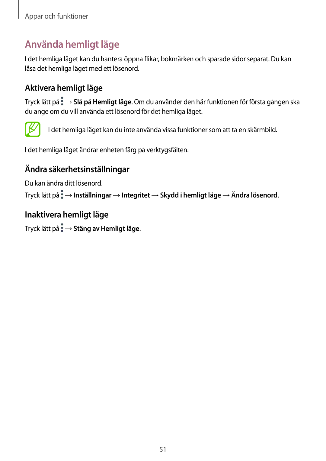 Samsung SM-T555NZWANEE Använda hemligt läge, Aktivera hemligt läge, Ändra säkerhetsinställningar, Inaktivera hemligt läge 