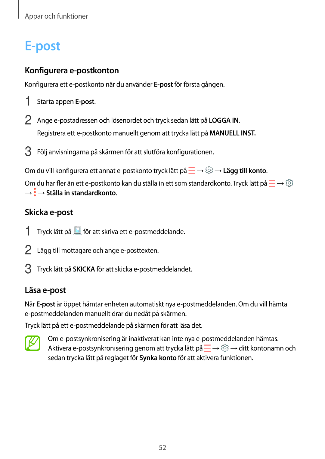 Samsung SM-T555NZKENEE, SM-T555NZWANEE, SM-T555NZKANEE manual Post, Konfigurera e-postkonton, Skicka e-post, Läsa e-post 